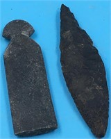 Lot of 2 slate artifacts, 1 harpoon tip, longest i