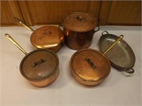 Five Pieces of Copper Finished Pans