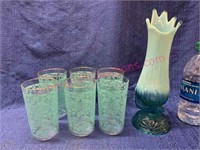 Vintage teal glasses & Fish art glass vase (chip)