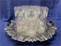 (8) etched flower glasses on silver tray