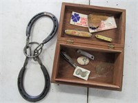 coke knife & wood box & items