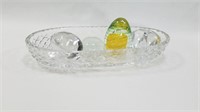 4 Art Glass Paperweights in Crystal Candy Dish