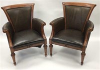 Pair Brown Leather Arm Chairs