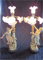 Pair of Antique Victorian Nymph Tulip Lamps