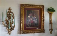 FLORAL PRINT W WOOD CARVED FRAMED AND WALL