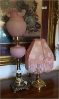 FENTON STYLE PARLOUR LAMP & PINK FRINGED LAMP