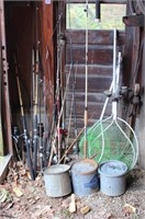Lot Misc Fishing Rods, Nets & Buckets