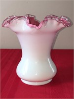 Fenton white and pink crimped rim vase 6.5”h x