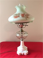 Milk glass to clear lamp with floral pattern