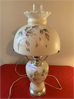 Satin glass lamp with hand painted font and