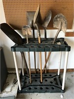 6 Various Shovels & Storage Rack