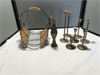 Collection of Brass Candle Holder & Basket