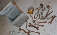 Galv milk box, fishing reels, antique tools