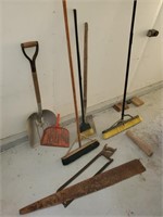 Shop broom, saws, shovel, misc