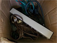 Box of Assorted Cords & Power Strip