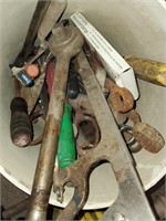 Bucket of Hand Tools, Wrenches, Saws,