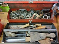 Red Tool Box w/ Chains & Hooks, Scrappers, File