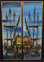 Pair of H. Kelly Acrylic on Canvas Spainsh Galleon