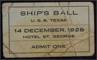 1925 U.S.S. Texas Ships Ball Admission Ticket