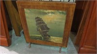 HAND PAINTED SHIP SCENE WOOD FIRE SCREEN ON STAND