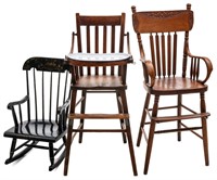 ANTIQUE HIGH CHAIRS AND VINTAGE CHILD'S ROCKING
