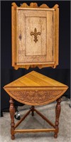EARLY 20TH C. CARVED OAK TABLE AND CORNER CABINET