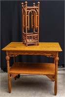 CA.1890 OAK LAMP TABLE AND STICK-N-BALL CANE STAND