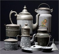 A COLLECTION OF GRAY GRANITEWARE, SOME WITH PEWTER