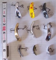 (9) Helin's Flatfish lures of various sizes.