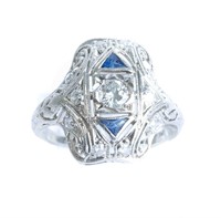 Art Deco Style Platinum Diamond & Sapphire Ring