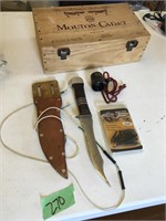hunting knive, arrow tips, wood box