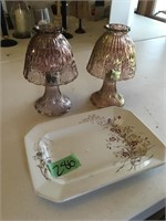 vintage dish, pink candle holders