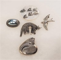 5 Sterling Silver & Shell Pins Cats & Birds