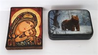 Russian Fedoskino Bear in Snow Lacquer Box & Icon