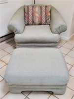 Green Tweed Overstuffed Chair & Ottoman