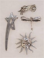 4 Mexican Sterling Silver Pins Dragonfly Sun Star