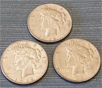 Three 1922 US Peace Silver Dollar Coins