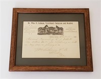 1896 Framed Veterinarian Receipt Sterling Kansas