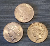 Three 1925 US Peace Silver Dollar Coins