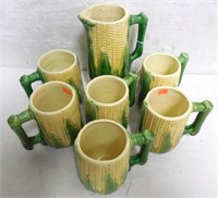 Corn Pottery Pitcher and 6 Mugs