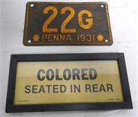 License Plate 1931 PA / Segregation Sign