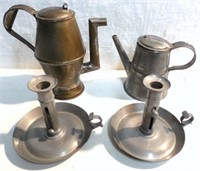 Pair of Tin Coffee Pots / Metal Candlesticks