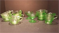 7 GREEN DEPRESSION GLASS CUPS + CREAMER