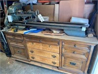 Wood Lathe approx. 3' bed w/ wood cabinet on rolle
