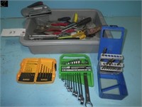 Tub w/ Cresent Wrench , Wrenches , Screw drivers ,