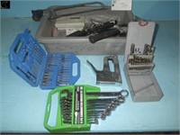 Tub w/ Hack Saw, Drill Bits, Bit set, Hammer ,