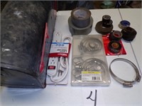 Mailbox, tape, power strip, hose clamps, misc