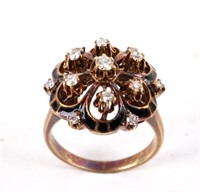 1930s Diamond & Black Enamel Cluster 14K Gold Ring