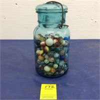 Marbles in blue Ball canning jar