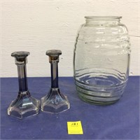 Glass Jar & 2 Glass Candle Holders